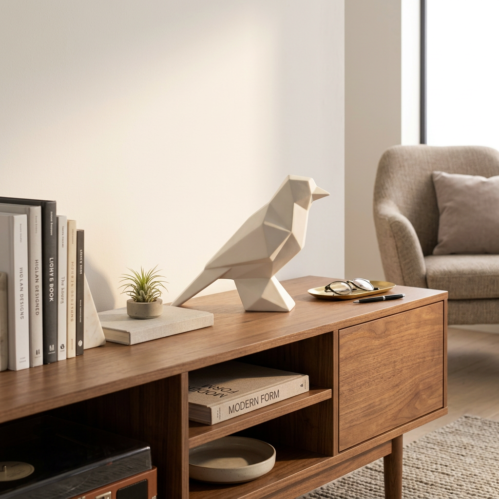Geometric Bird Shelf Ornament - 客厅电视柜场景