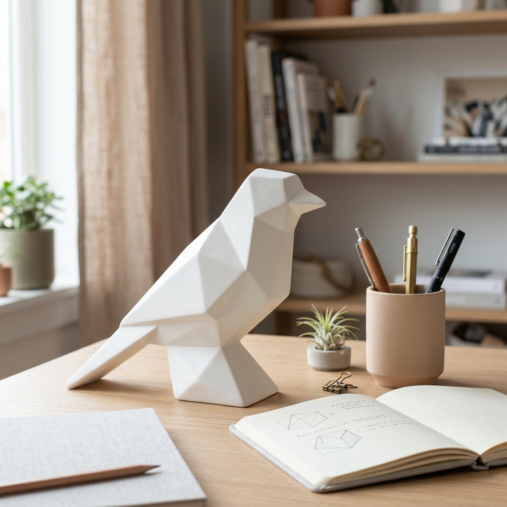 Geometric Bird Shelf Ornament - 书房桌面场景